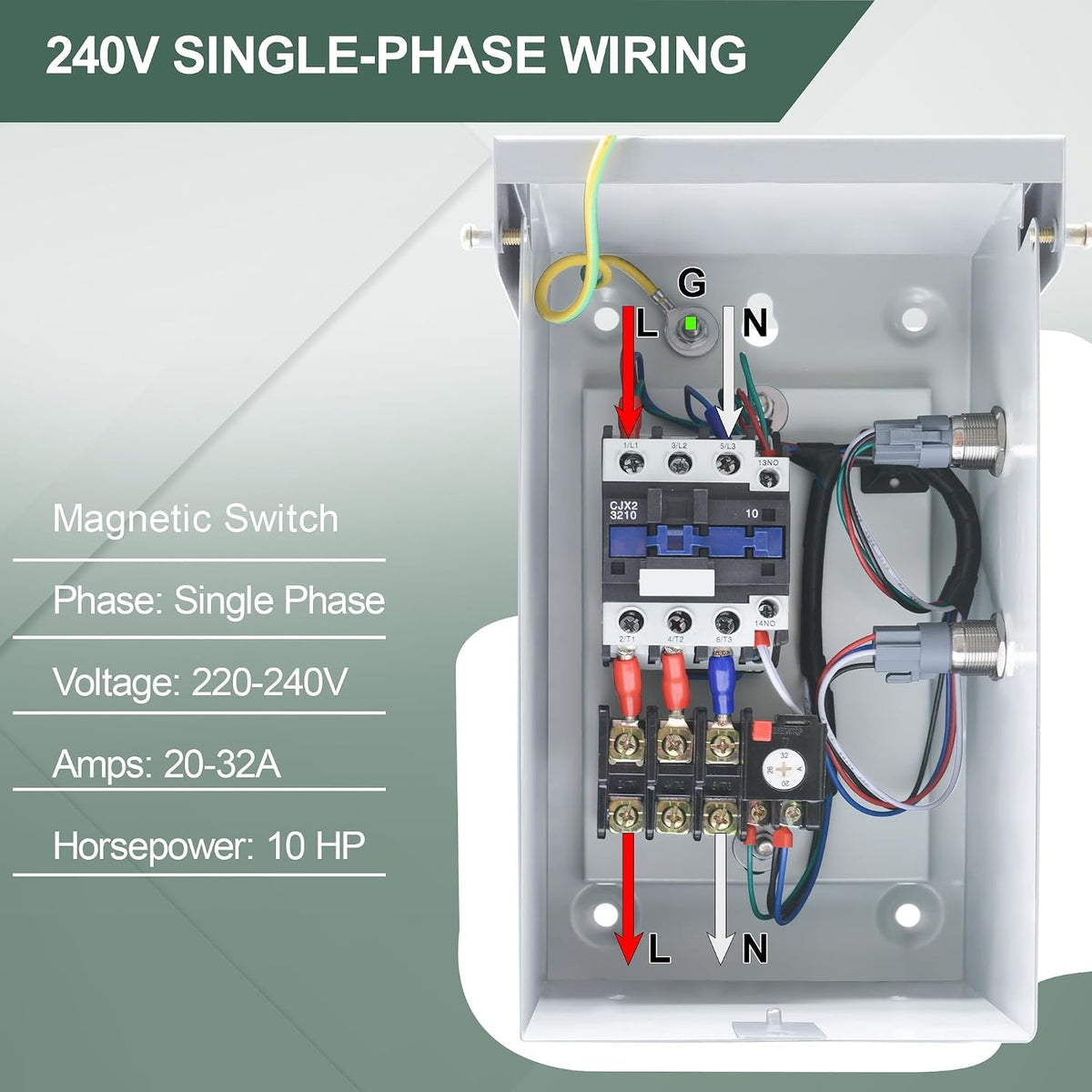 10 Hp Single Phase Magnetic Motor Starter, 220-240V 7.6kW 20-32 Amp