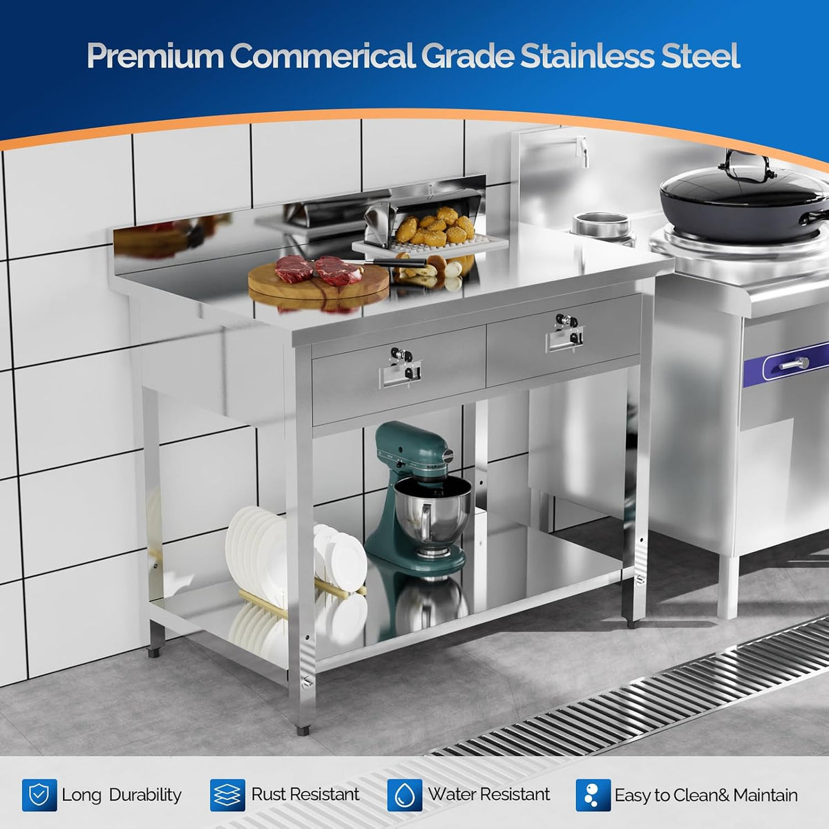 42" X 26" Stainless Steel Table with 2 Drawers, Commercial Heavy Duty for Work & Prep, Backsplash & Undershelf for