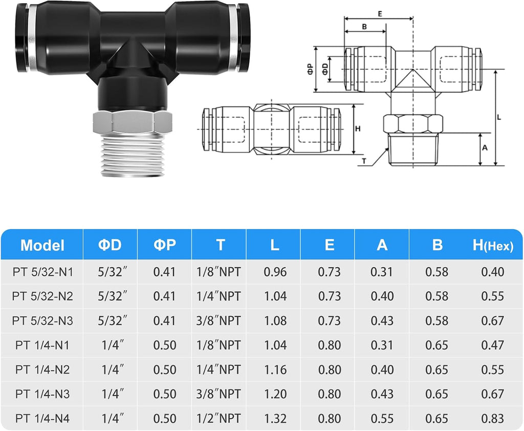 TAILONZ 1/4" OD x 1/8" MNPT Push to Connect Branch Tee Fitting 10Pcs