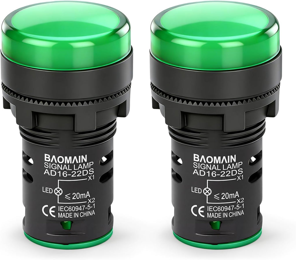 BAOMAIN 110V 22mm LED Industrial Indicator Pilot Light Green 2-Pack