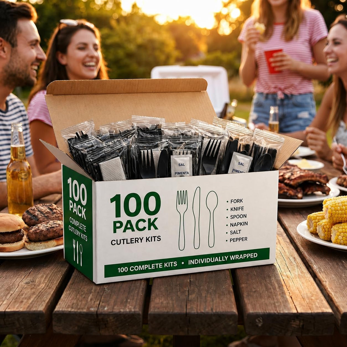 Pack Individually Wrapped Plastic Cutlery Set with Napkin, Salt and Pepper Packets Medium Weight Disposable