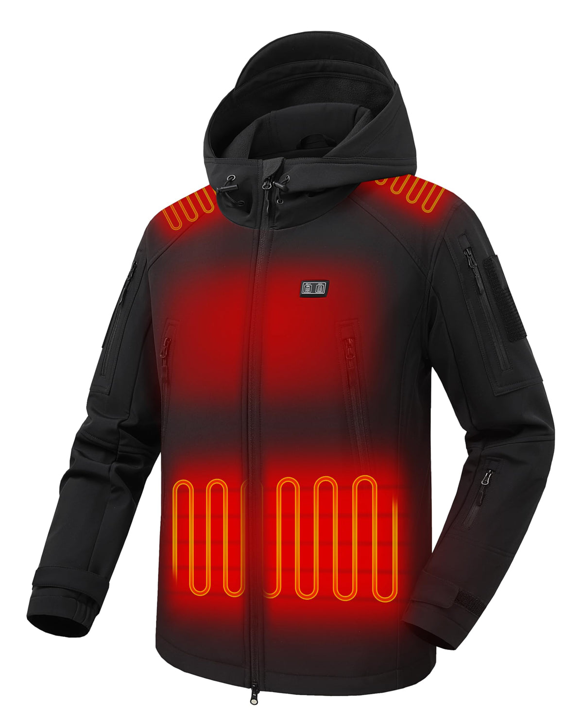 Men's Heated Jacket with 7.4V Battery Pack, 12 Heating Zones, Dual Control Soft Shell Heating Jacket Coat with Hood
