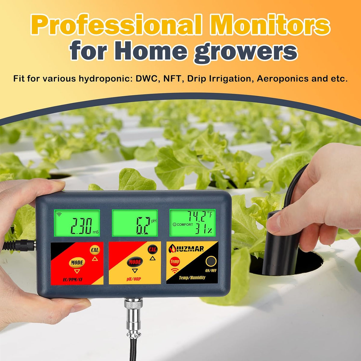 UIUZMAR pH EC Meter for Hydroponics 7 in 1 pH EC PPM CF ORP Temp Humidity