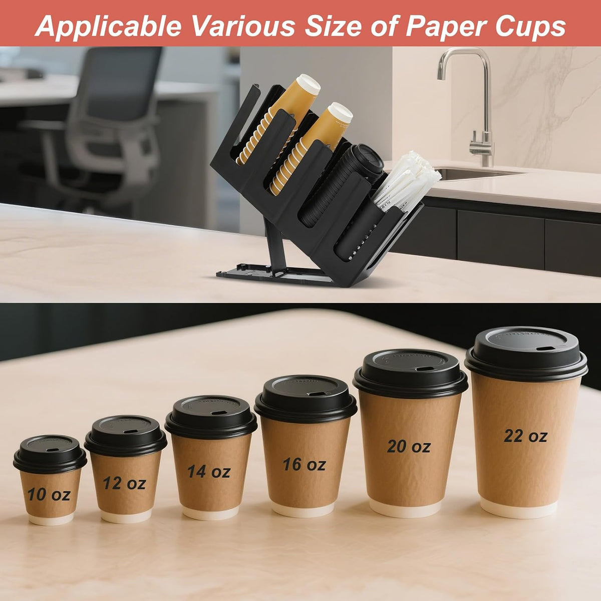 Paper Cup and Lid Holder with Straw Organizer,4 Compartment Adjusting,Coffee Cup Dispenser for Countertop,Coffees