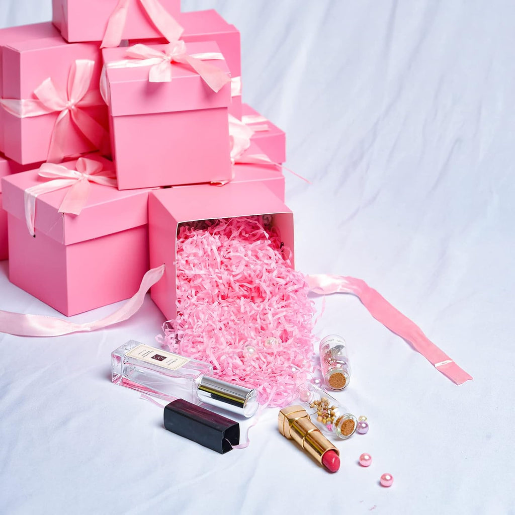 Gift Box with Lid & Ribbon for present, 12pcs, Pink, 6"×6"×6"