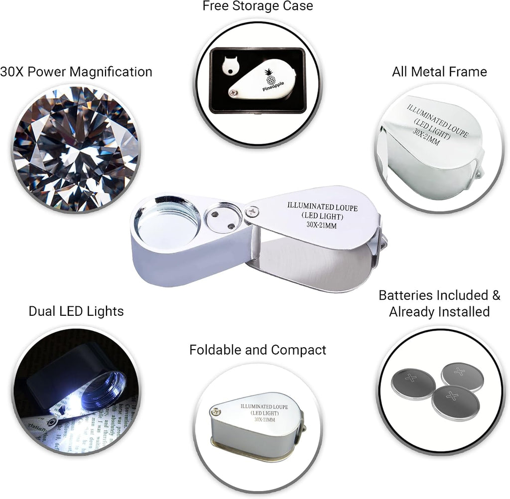 30X Jewelers Loupe with Light, Lighted Magnifying Glass Eye Loop, Illuminated LED Light Metal Pocket Magnifier for