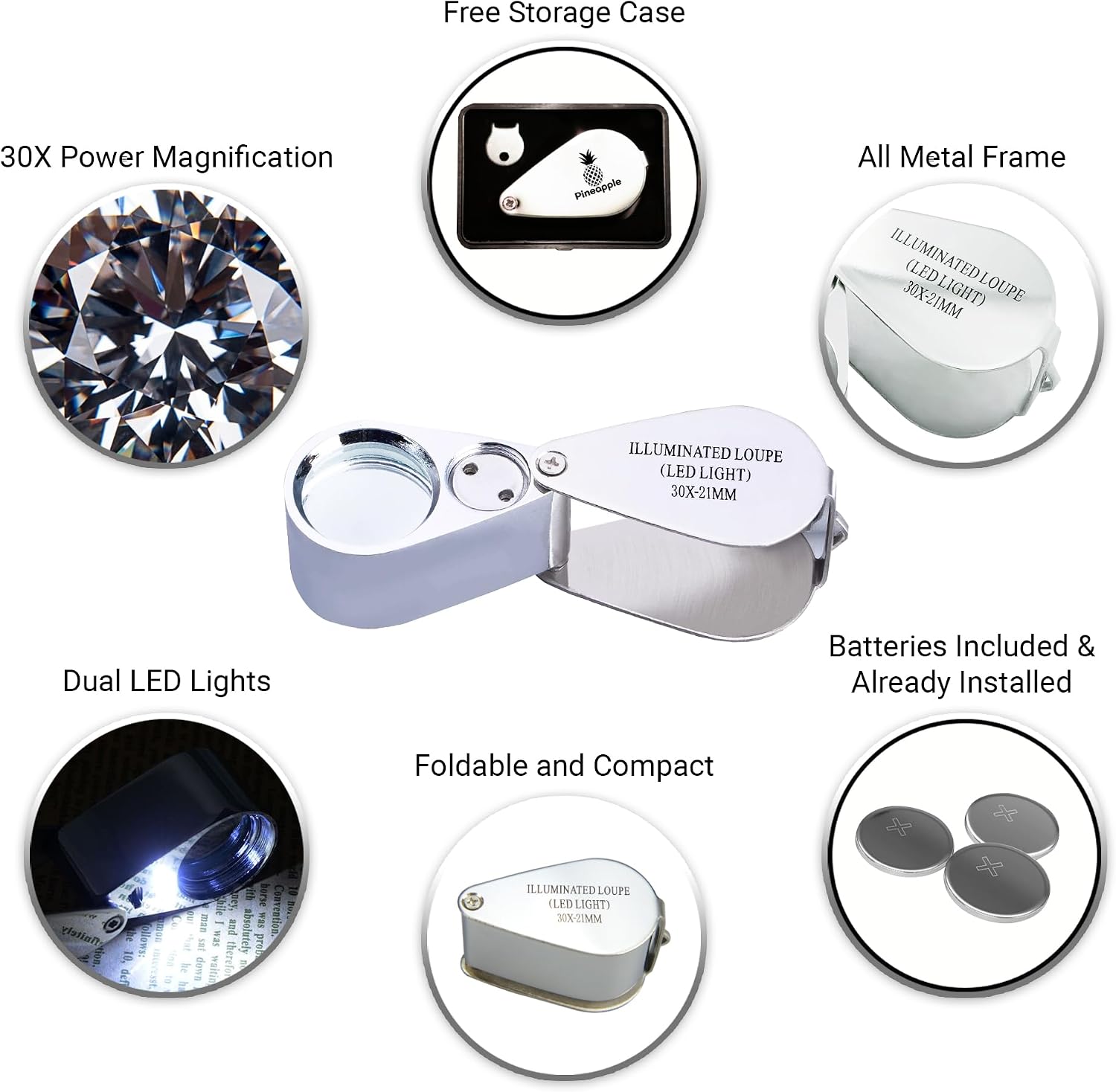 30X Jewelers Loupe with Light, Lighted Magnifying Glass Eye Loop, Illuminated LED Light Metal Pocket Magnifier for