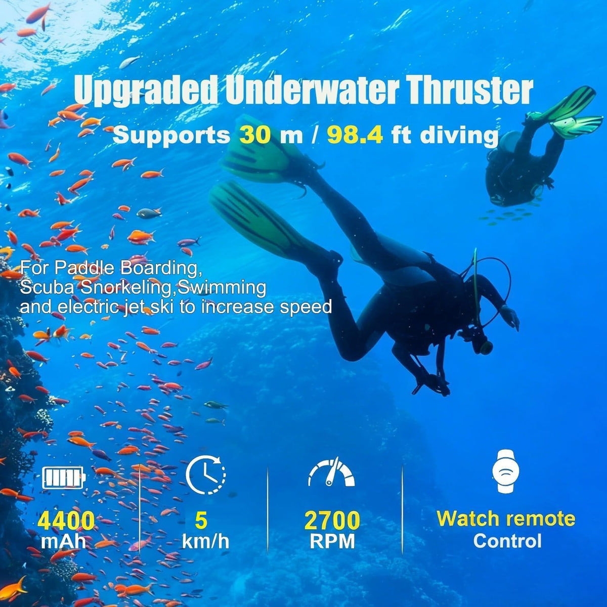 500W Electric Underwater Scooter, 40M Free Diving Snorkeling Sea Scooter, Brushless Motor Removable Battery Water