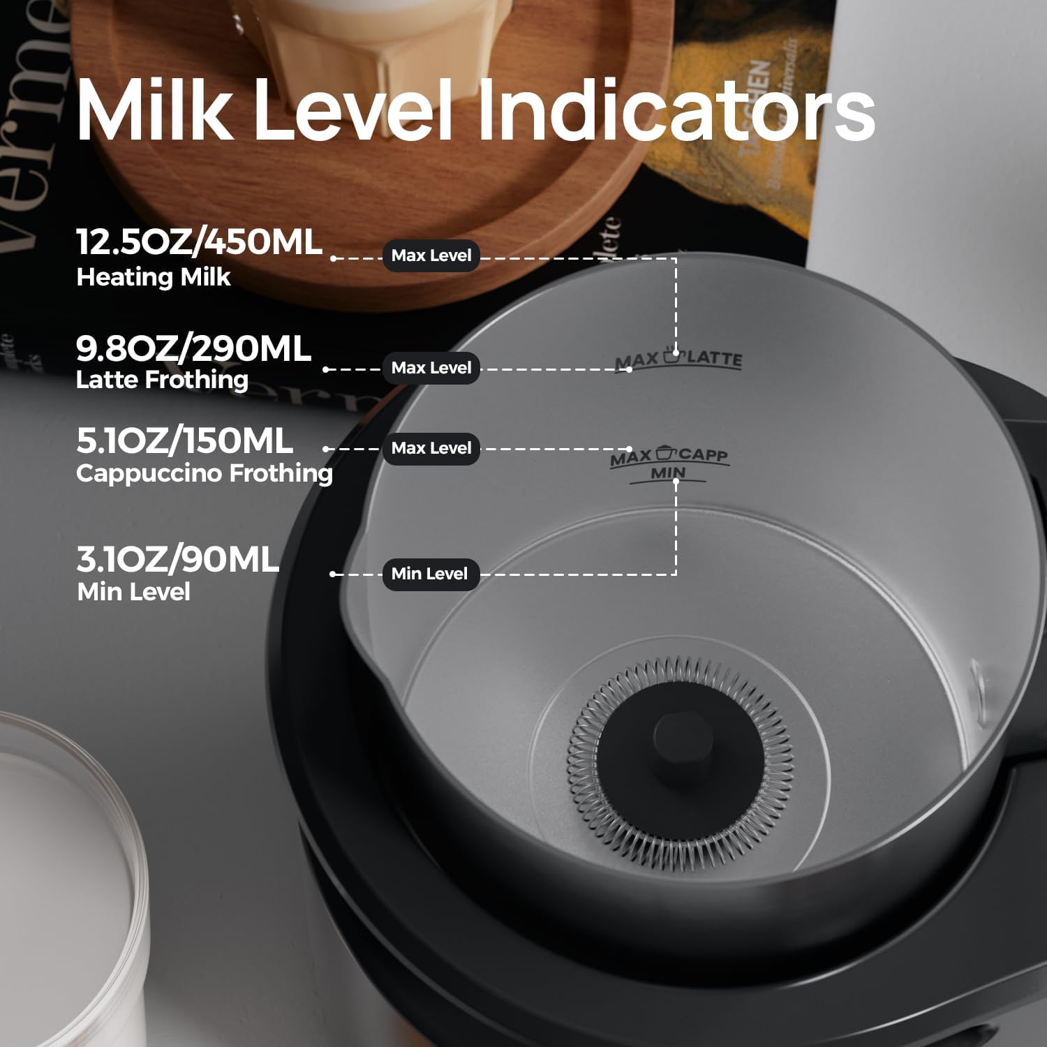 4-in-1 Milk Frother - Electric Steamer, Automatic Warm & Cold Cappuccino Foam Maker, 12.5oz Milk Warmer for Latte