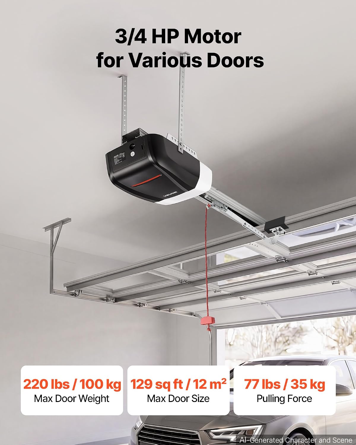 Garage Door Opener 3/4 HP Ultra-Quiet Belt Drive WiFi Smart Opener