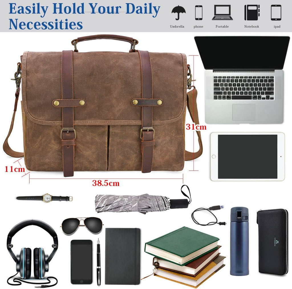 Mens Messenger Bag 15.6 Inch Waterproof Vintage Genuine Leather Waxed Canvas Briefcase Large Leather Computer Laptop