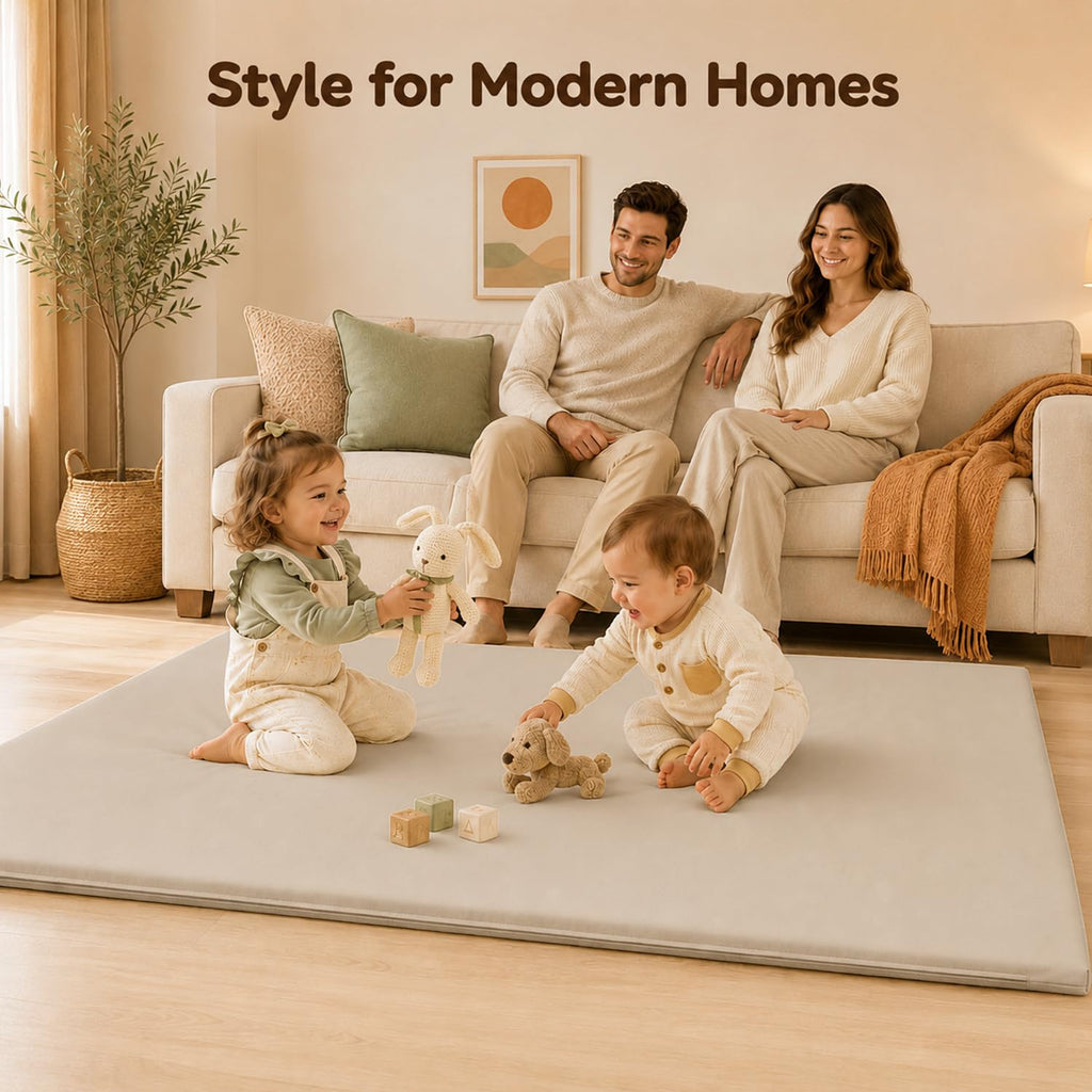 Vegan Leather Baby Play Mat, 79x71 Thick Cushioned Waterproof Playpen Mat, Stylish Removable Cover Floor Mat for