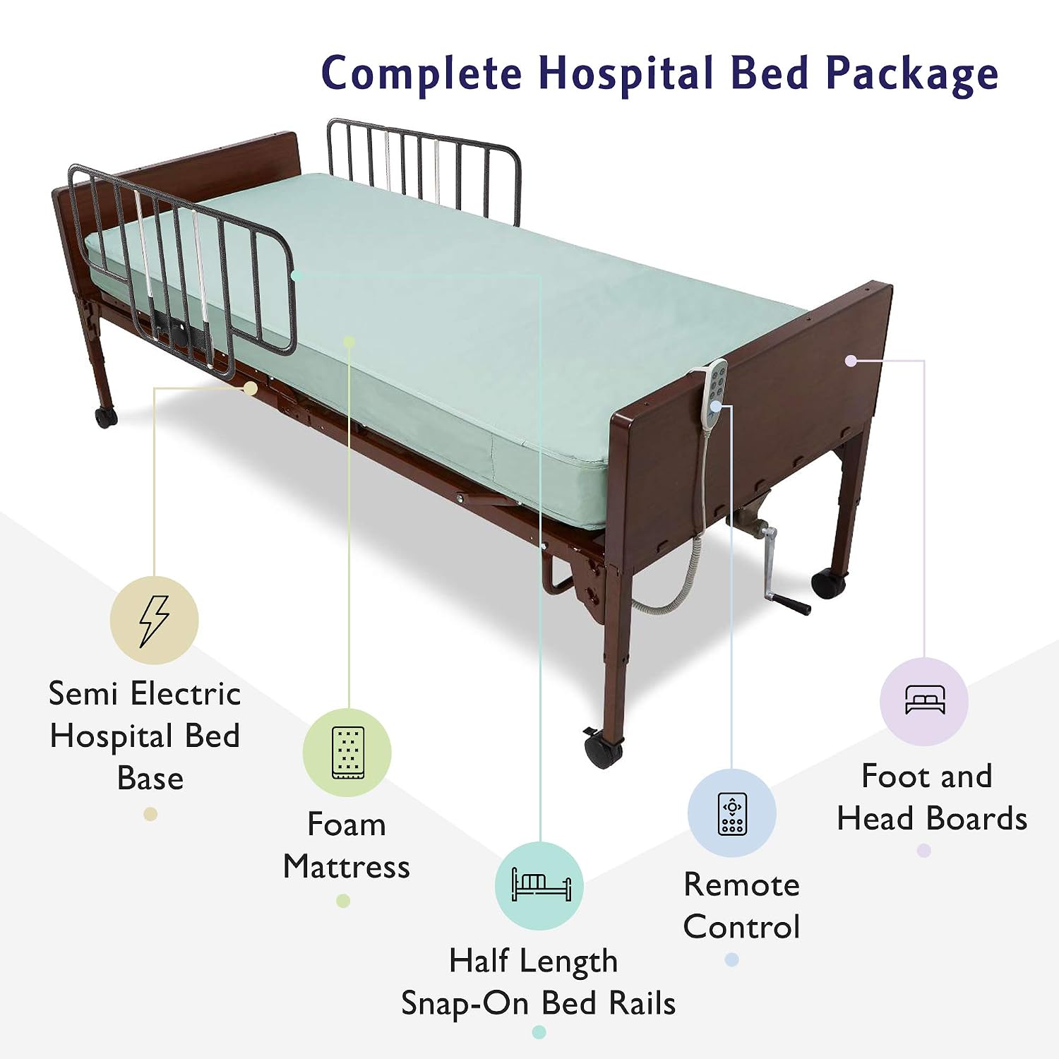 Semi Electric Hospital Bed with Premium Foam Mattress and Half Rails Included - for Home Care Use and Medical