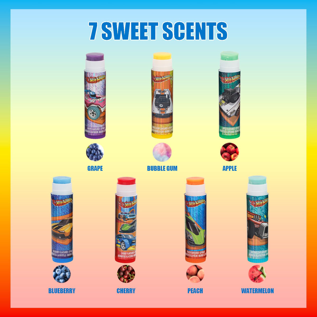 Hot Wheels Keychain Lip Balm Set, 7-Piece Plant-Based, Ages 3+