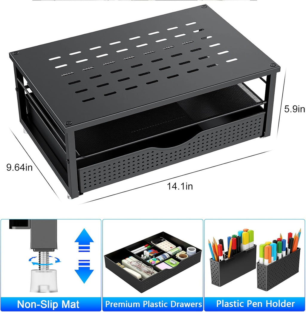 Desk Organizers and Accessories, Monitor Stand with Drawer and 2 Pen Holder, Desktop Organizer Suitable for Offices