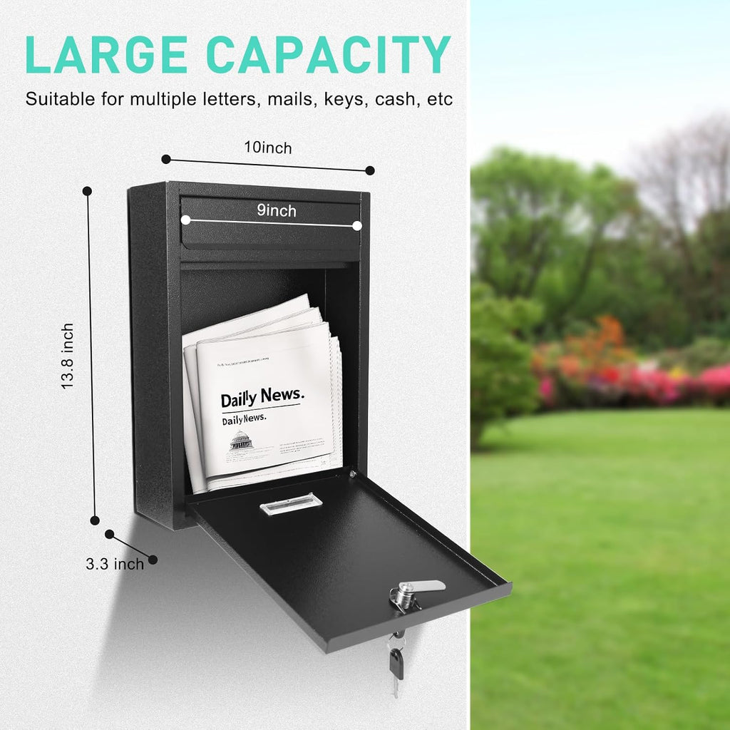Locking Steel Mailbox, Wall Mounted - Post Office Box, Extra Large Space Secure, Comes with 2 Keys 3 Sets 0-9 Numbers