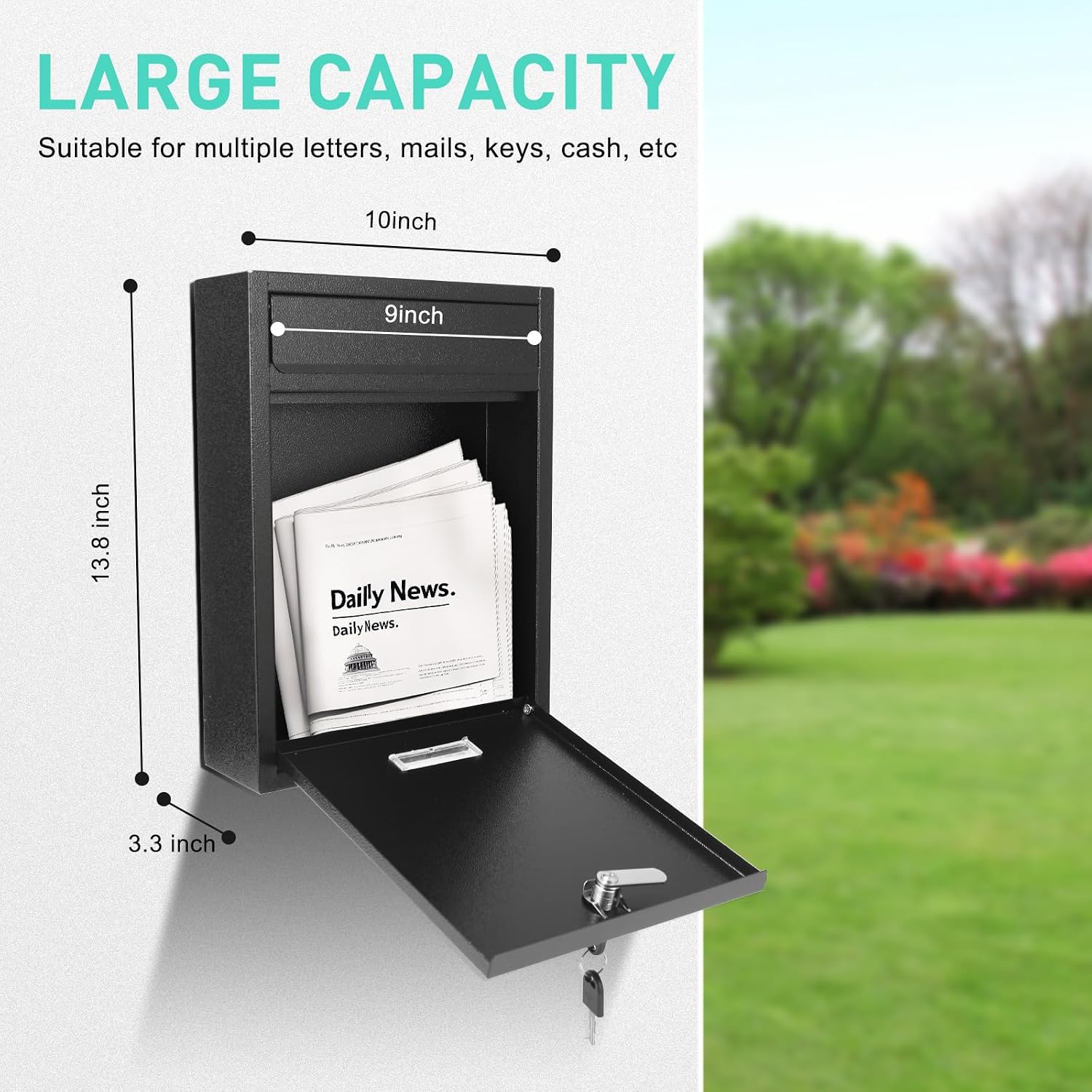 Locking Steel Mailbox, Wall Mounted - Post Office Box, Extra Large Space Secure, Comes with 2 Keys 3 Sets 0-9 Numbers