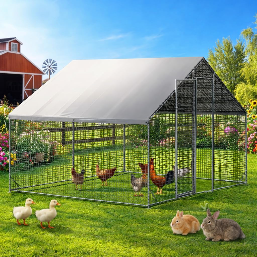 Large Walk-in Chicken Coop with Chicken Run, Galvanized Poultry Enclosure with Waterproof Anti-UV Cover and Security