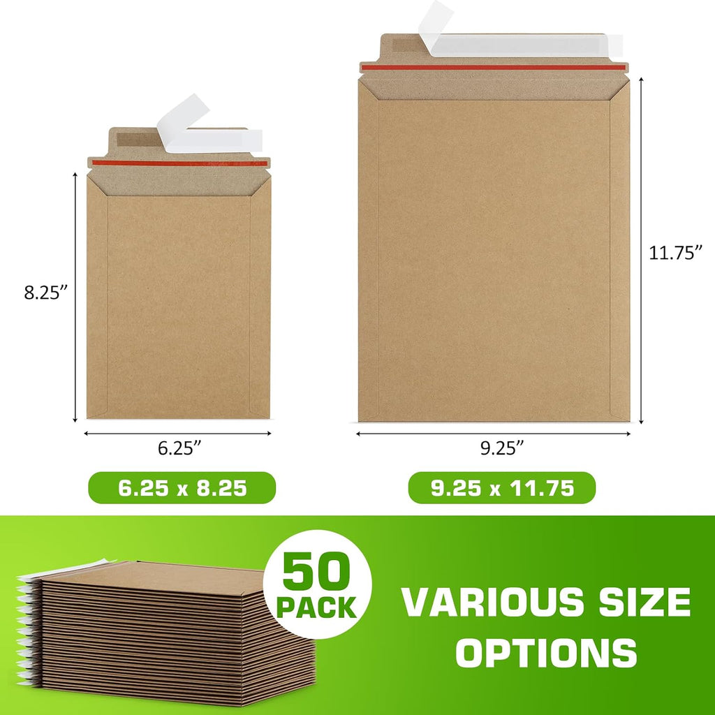 Rigid Mailers Brown 9x12 for Photo, Document and Books, 50 Pack | Easy Self Seal and Peel Cardboard Mailers, No Bend