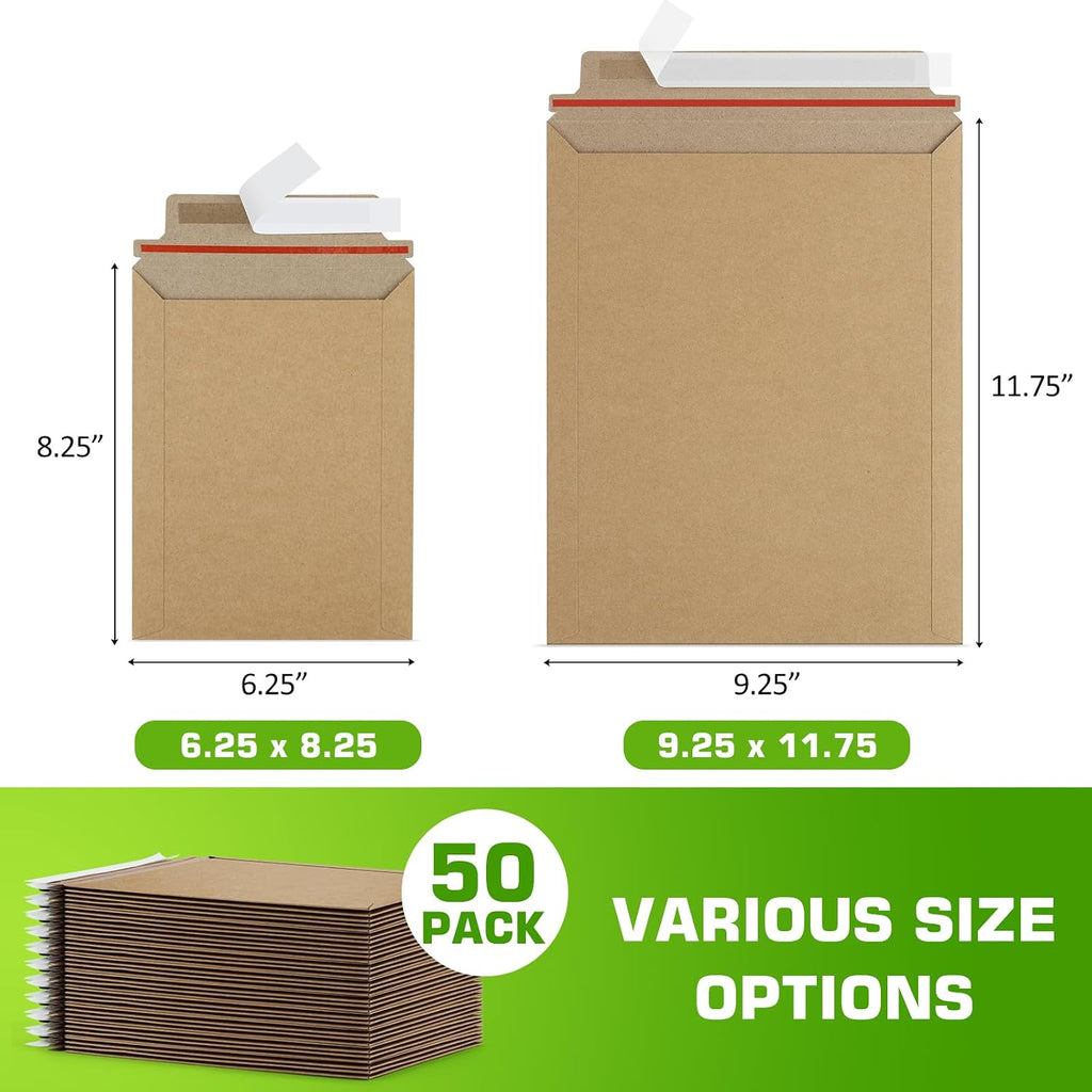 6x8 Photo Mailers 50 Pack, Brown Document Mailers, Self Seal Cardboard Envelopes, 6.25x8.25 Inches