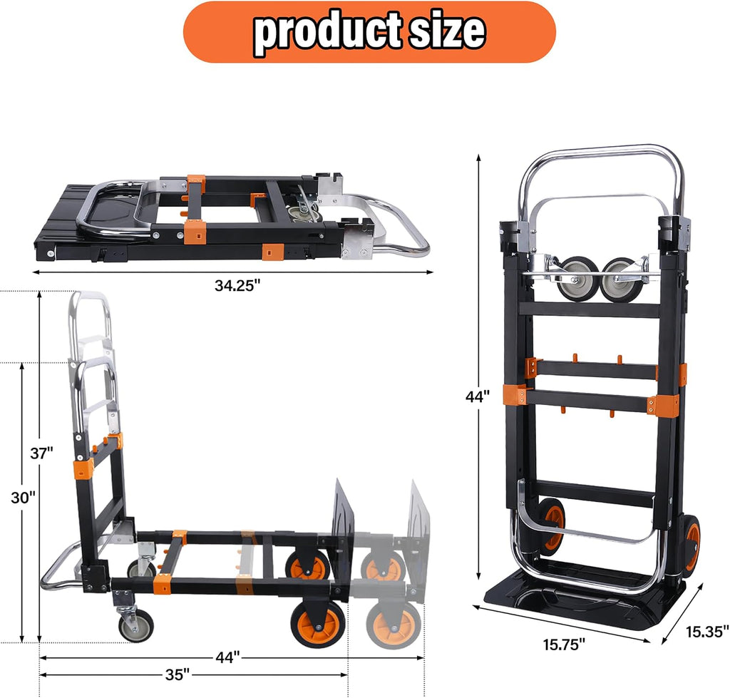 Upgraded 3 in 1 Folding Hand Truck, 500lbs Capacity Heavy Duty Convertible Dolly cart with Rubber Wheels, Collapsible