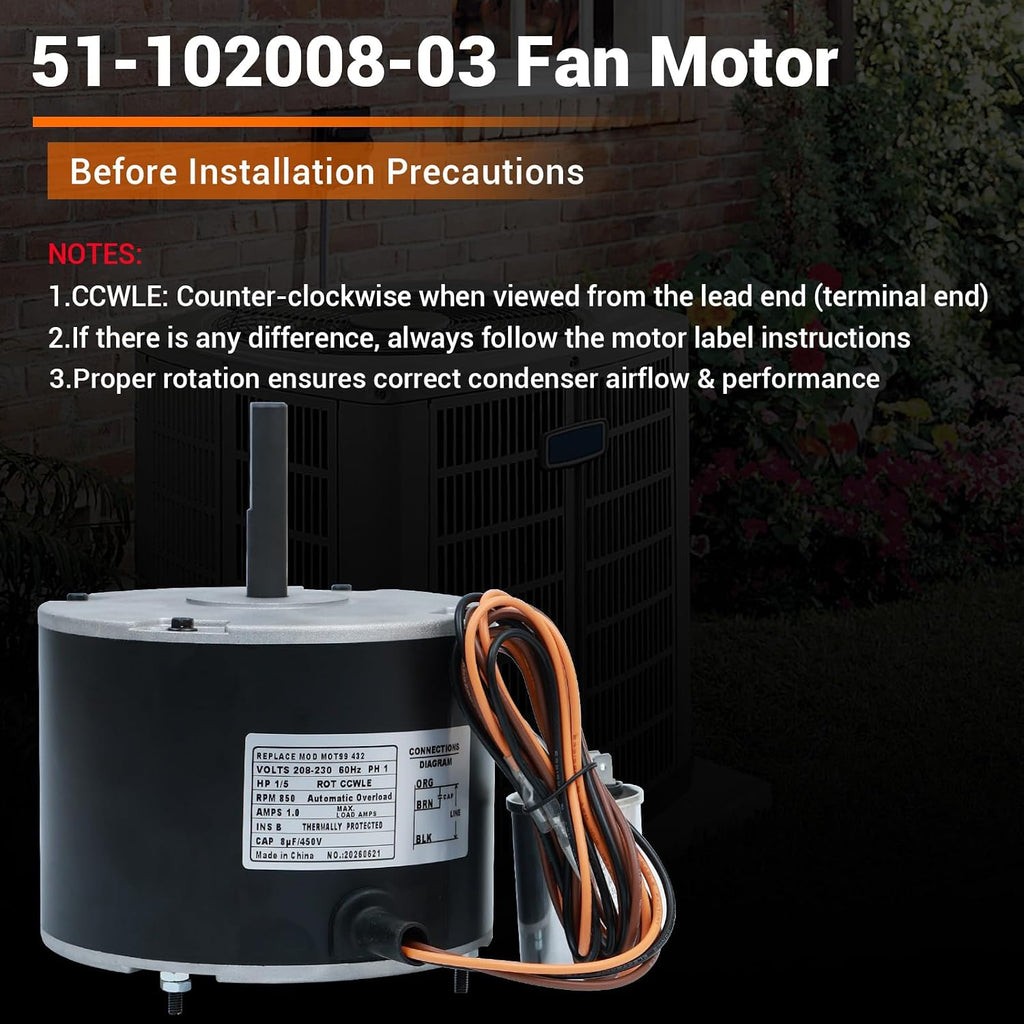 51-102008-03 Condenser Fan Motor Compatible with Rheem/Ruud