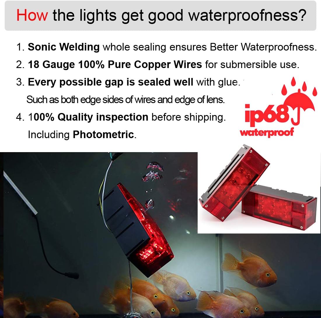 12V LED Low Profile Submersible Rectangular Trailer Light Kit Tail Stop Turn Running Lights for Boat Trailer Truck