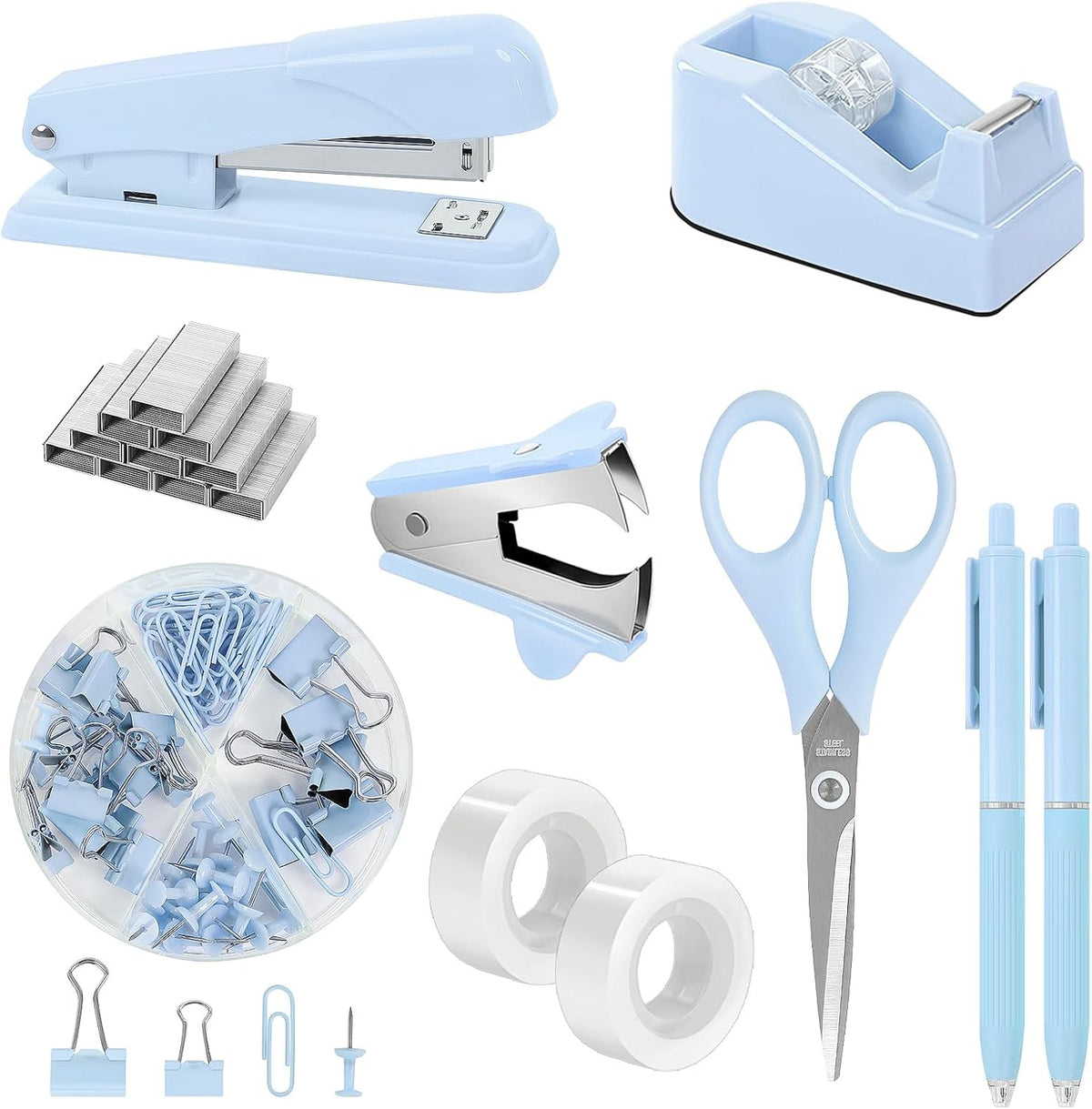 Blue Office Desk Accessories, Stapler and Tape Dispenser Set,10PCS