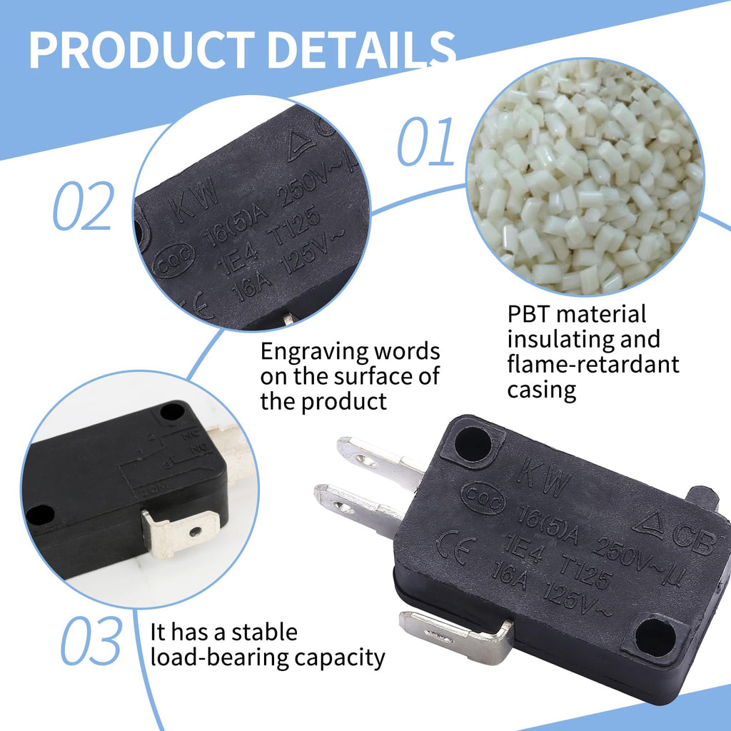 8 Pack KW7-0 Micro Contact Switch, 2-Pin Normally Open, 16A 125V-250V