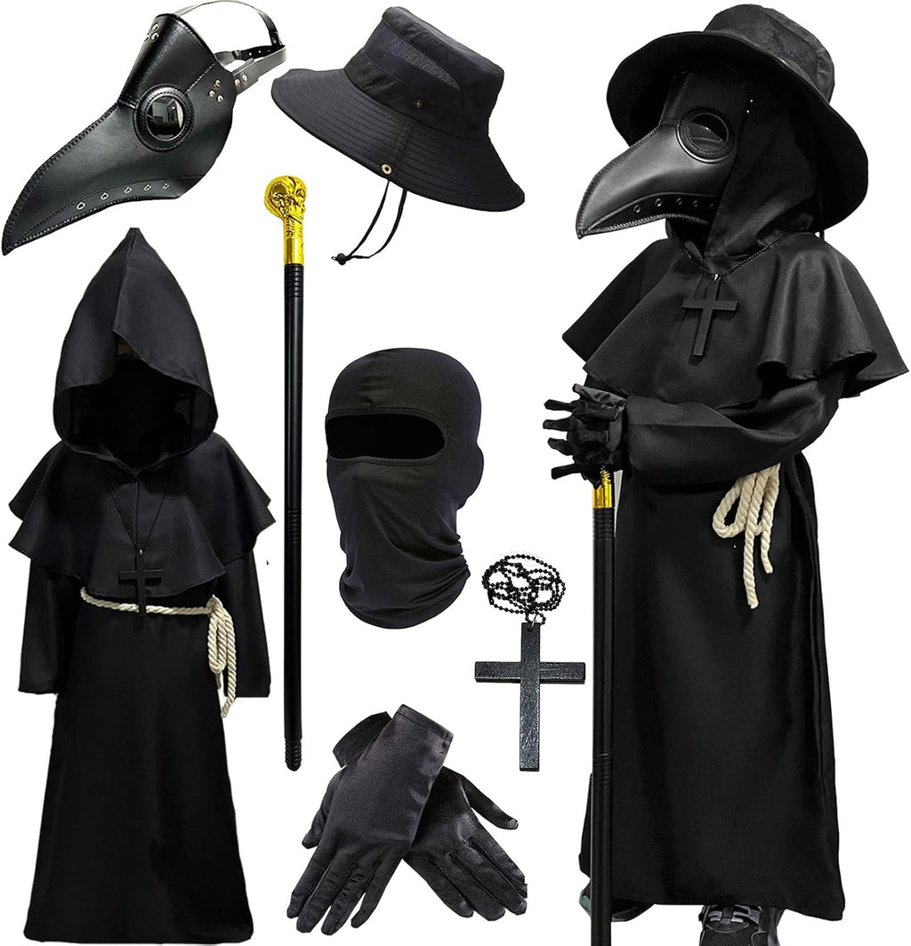 Plague Doctor Costume Kids Scary Halloween Costumes Outfits 130 | Halloween Mask Hat Cane Robe Hood Goves