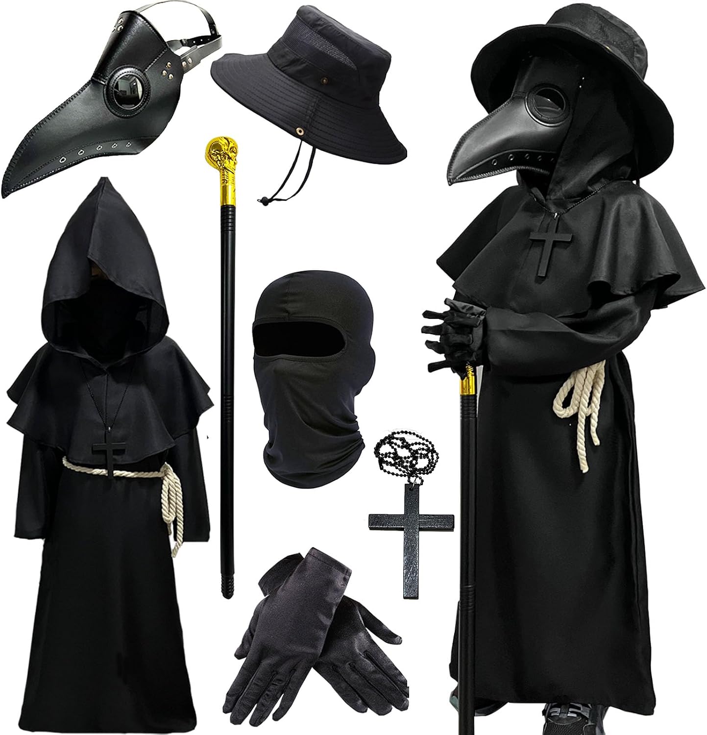 Plague Doctor Costume Kids Scary Halloween Costumes Outfits 130 | Halloween Mask Hat Cane Robe Hood Goves
