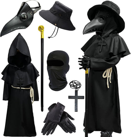 Plague Doctor Costume Kids Scary Halloween Costumes Outfits 130 | Halloween Mask Hat Cane Robe Hood Goves