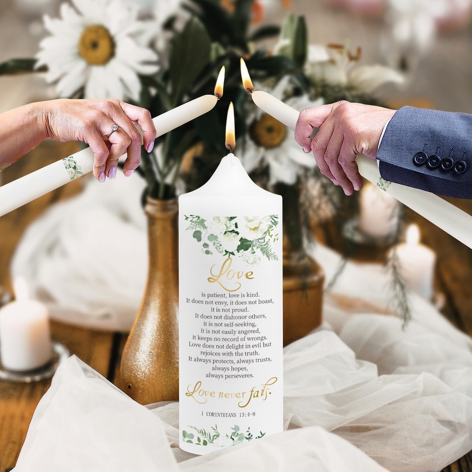 Unity Wedding Candles Ceremony Set with Holder, Stable Rustic Unity Candle Stand, Christian Unity Wedding Candle Set