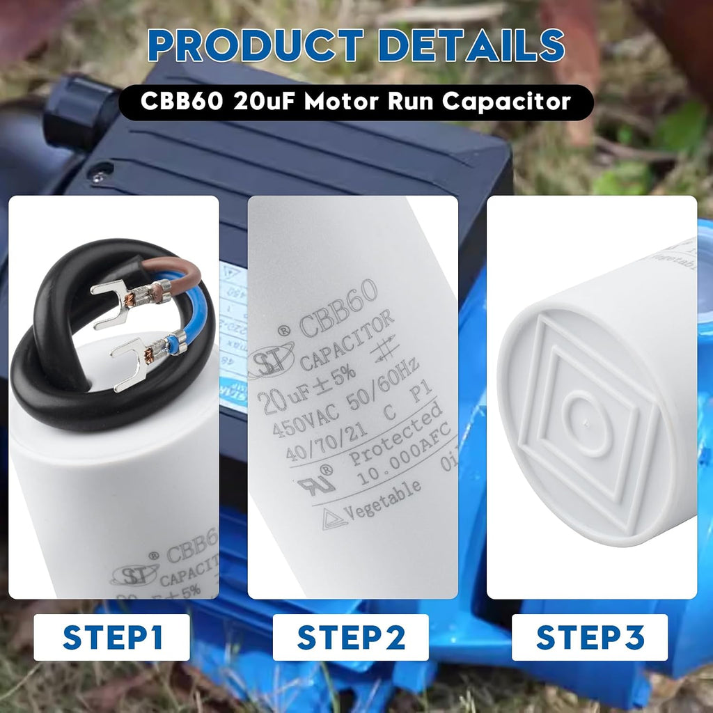 CBB60 20uF Motor Run Capacitor 450 VAC Volts Round Cylinder 2 Leads