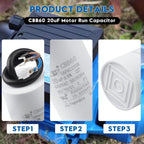 CBB60 20uF Motor Run Capacitor 450 VAC Volts Round Cylinder 2 Leads