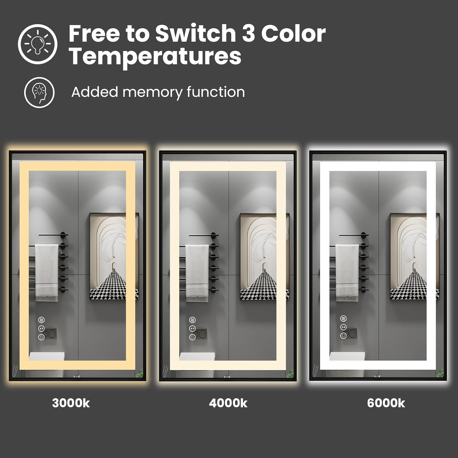 24"X32" LED Bathroom Mirror with Black Frame, Front Lit and Backlit | Metal Framed Mirror, Stepless Dimmable, HD