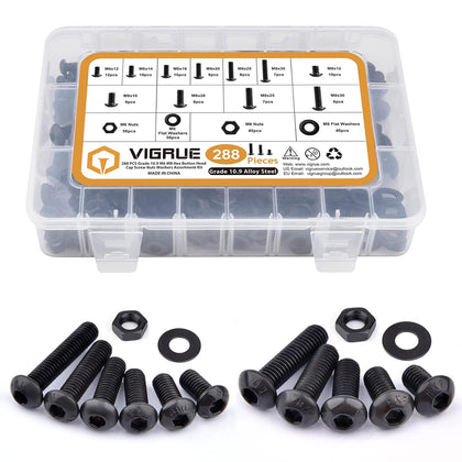 288PCS M6 M8 Button Head Hex Socket Cap Screws Bolts Nuts Washer Assortment Kit, 10.9 Grade Alloy Steel Black Oxide