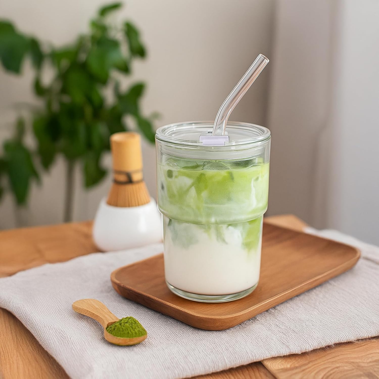 13oz Glass Tumbler with Straw and Lid Sealed, Carry On Reusable Iced Coffee Cups,Thick Wall Glass Coffee Drinking
