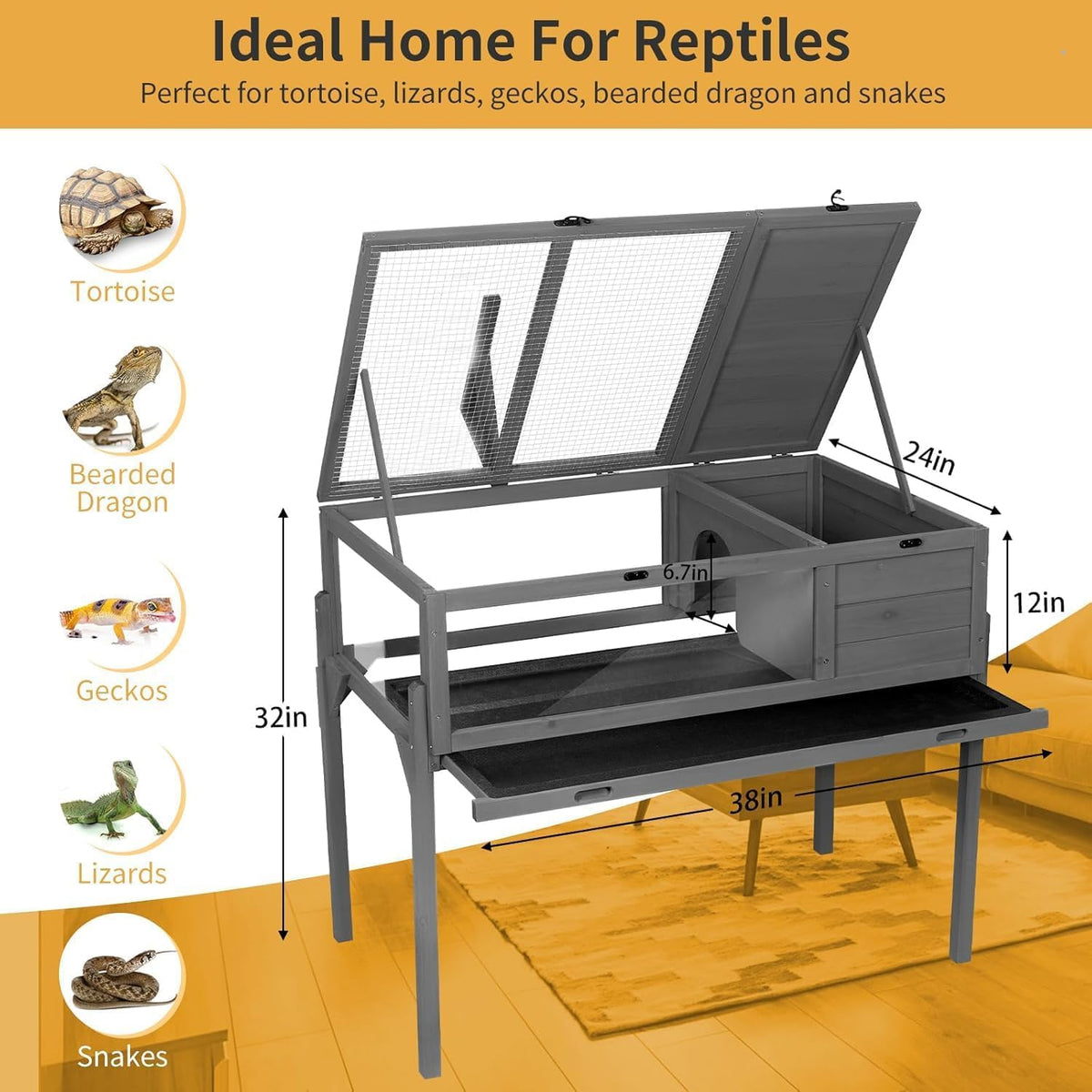 Tortoise Habitat Indoor & Outdoor, Wooden Tortoise House with Detachable Legs, Reptile Cage for Small Animals