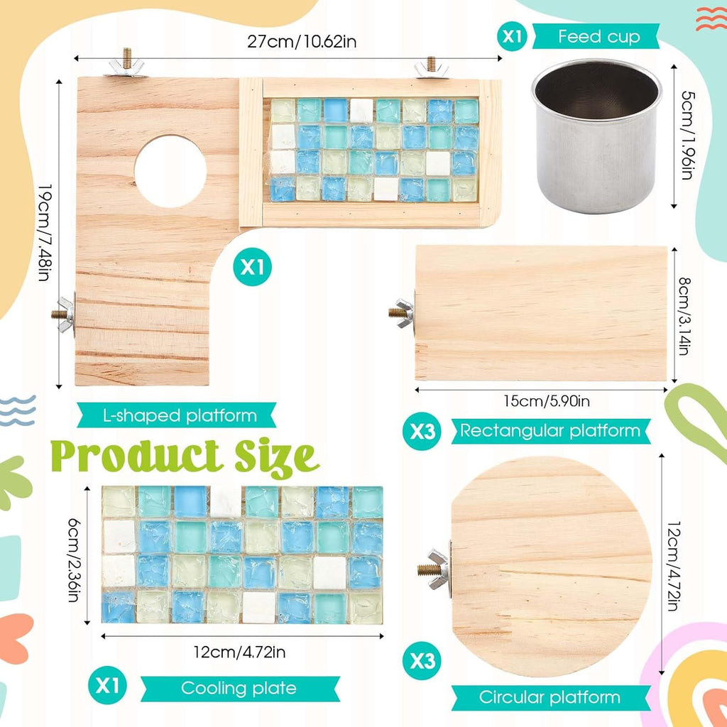 Set of 9 Wooden Hamster Cage Platform Chinchilla Ledges and L Shaped Round Hole Rat Cage Accessories with Cooling