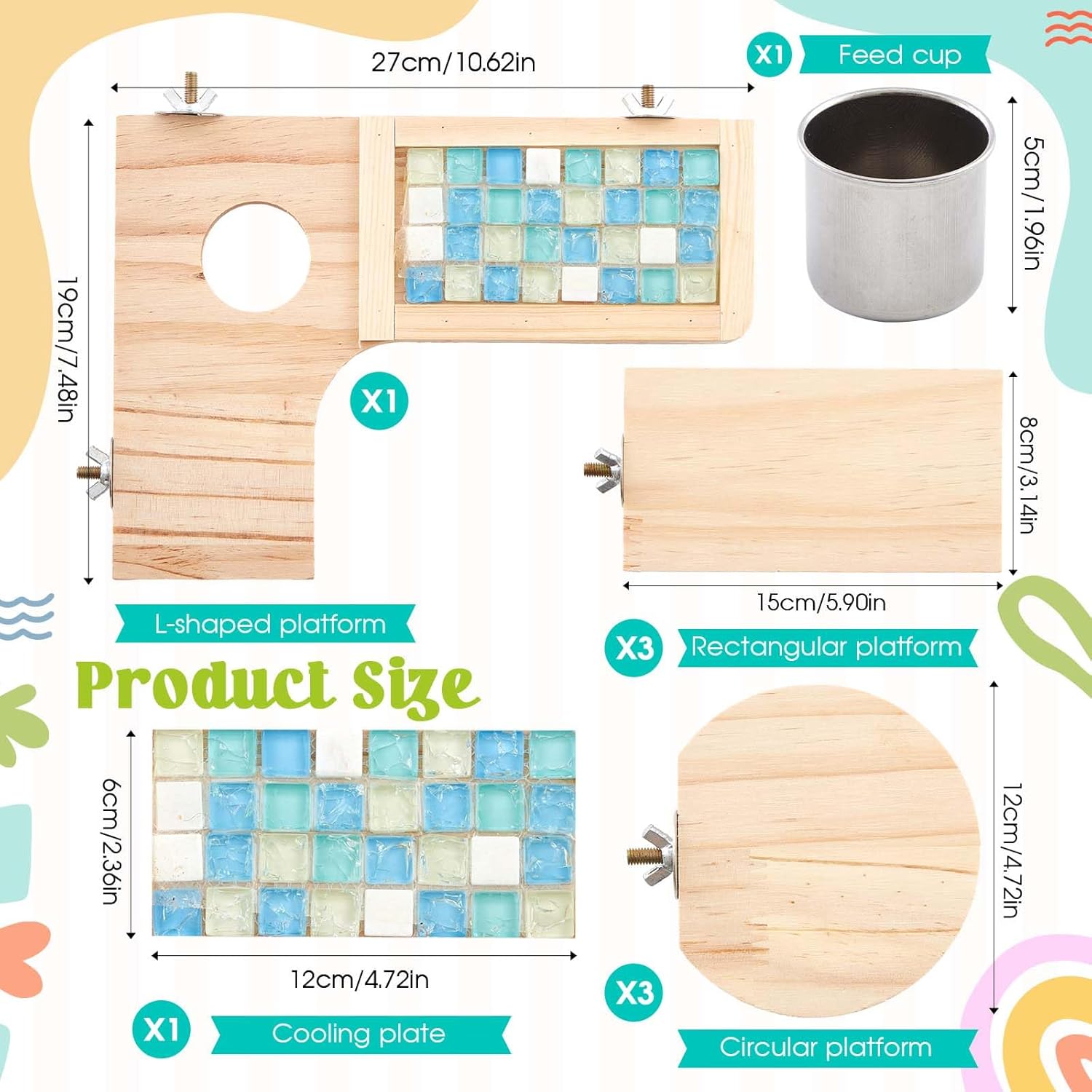 Set of 9 Wooden Hamster Cage Platform Chinchilla Ledges and L Shaped Round Hole Rat Cage Accessories with Cooling