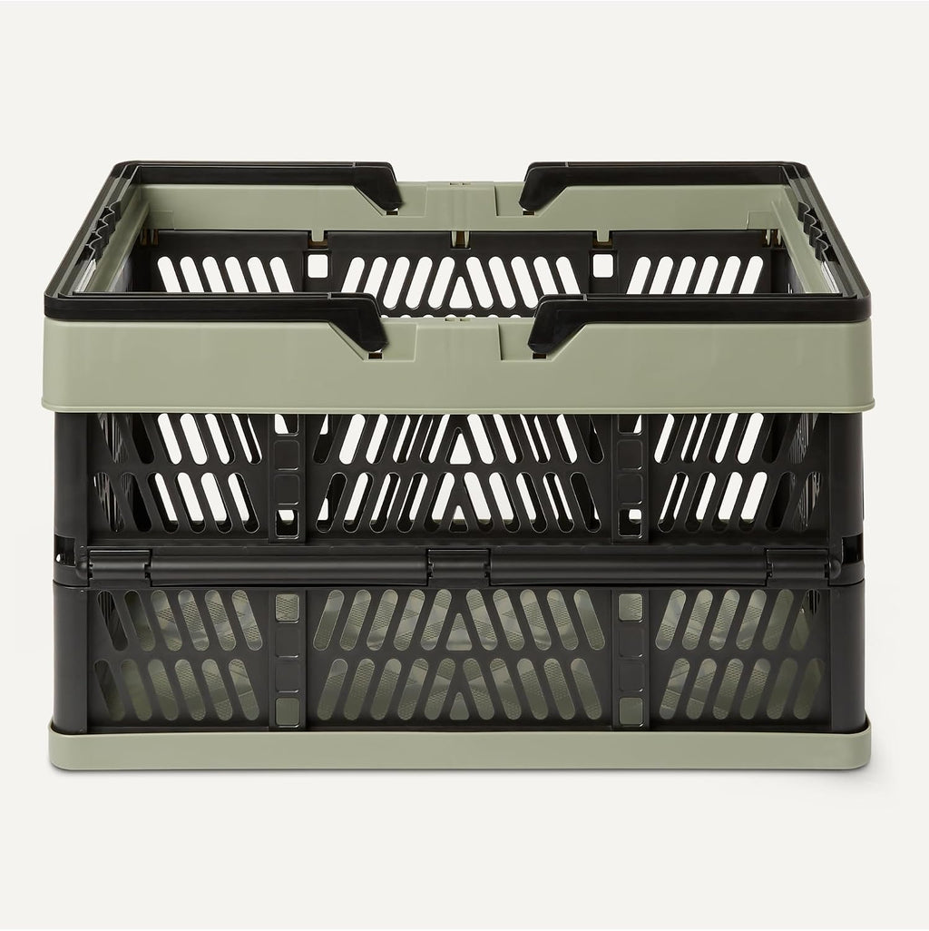 Collapsible Plastic Grocery Shopping Baskets with Ergonomic Handles, Stackable, 6.6 Gallon Capacity, Green, 3 Pack