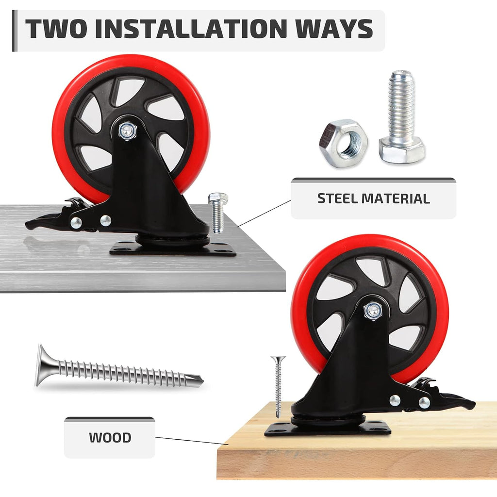 Swivel Caster Wheel for Cart, 5 Inch Industrial Casters Set of 4 - Heavy Duty Top Plate Casters with Brake 2200 Lbs