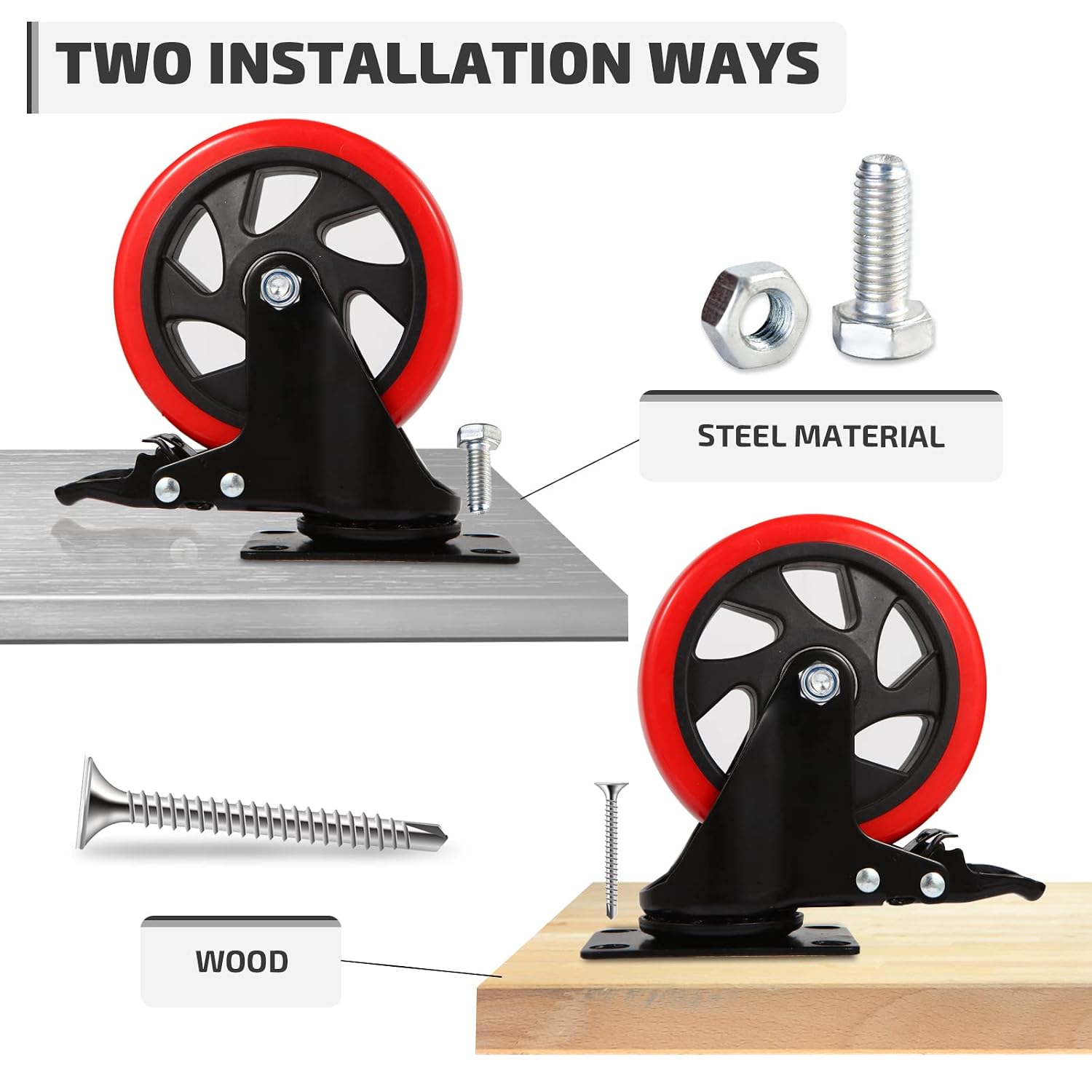 Swivel Caster Wheel for Cart, 5 Inch Industrial Casters Set of 4 - Heavy Duty Top Plate Casters with Brake 2200 Lbs