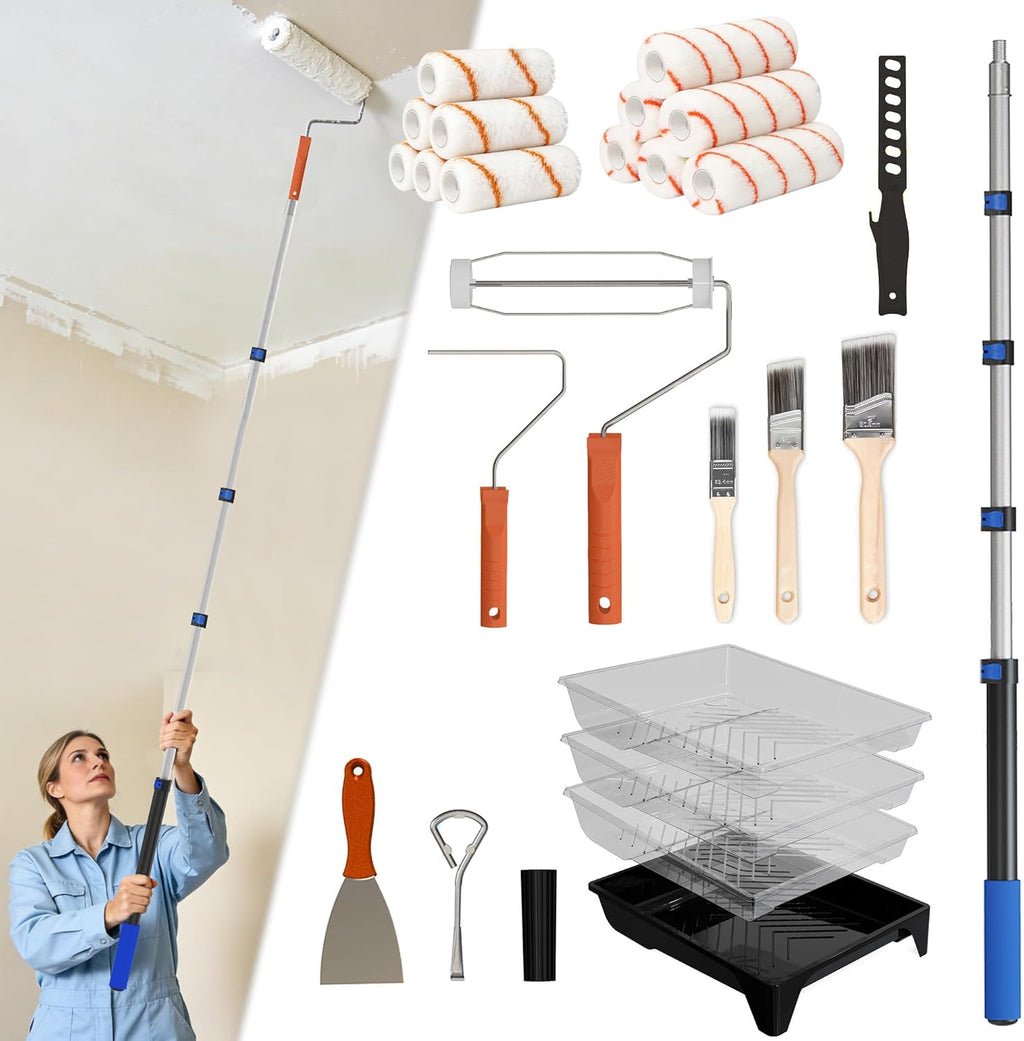 Paint Roller Kit with Extension Pole, 2-4FT Adjustable Pole, Professional 27-Piece Paint Kit, 4"9" Paint Rollers