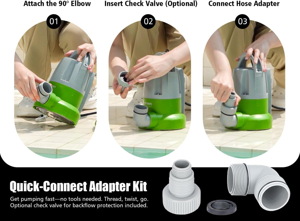 Green Expert Plastic Elbow Adapter Kit for Water Hose and Sump Pump Easy Connection, Contains a 1-1/2" NPT Female to