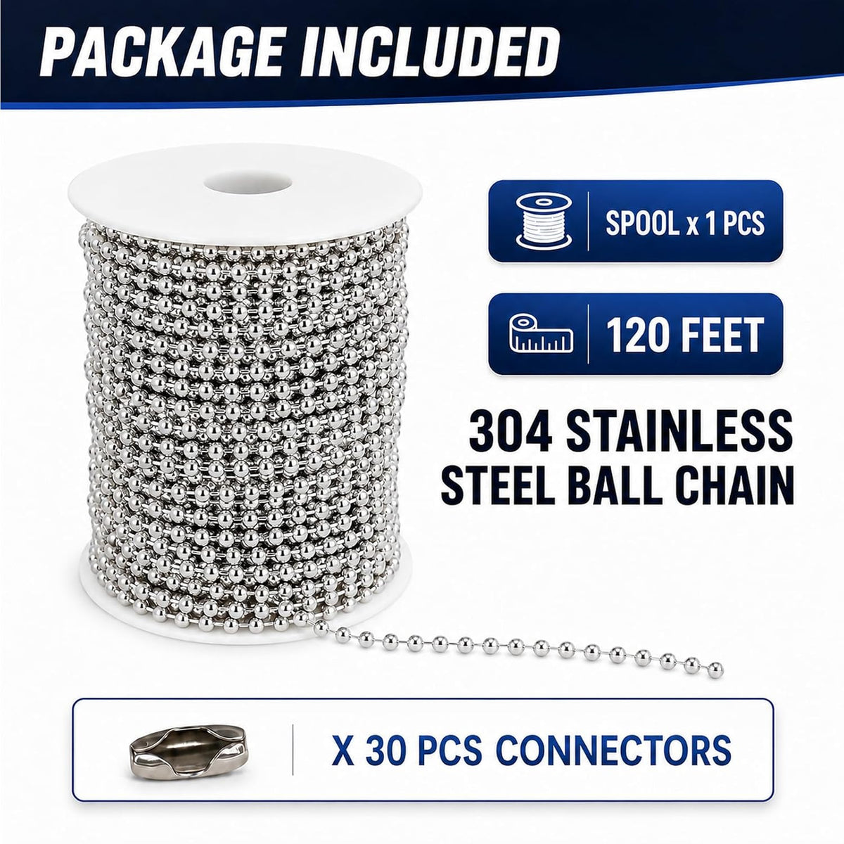 120ft #10 Ball Chain for Roller Shades, 4.5mm with 30 Connectors