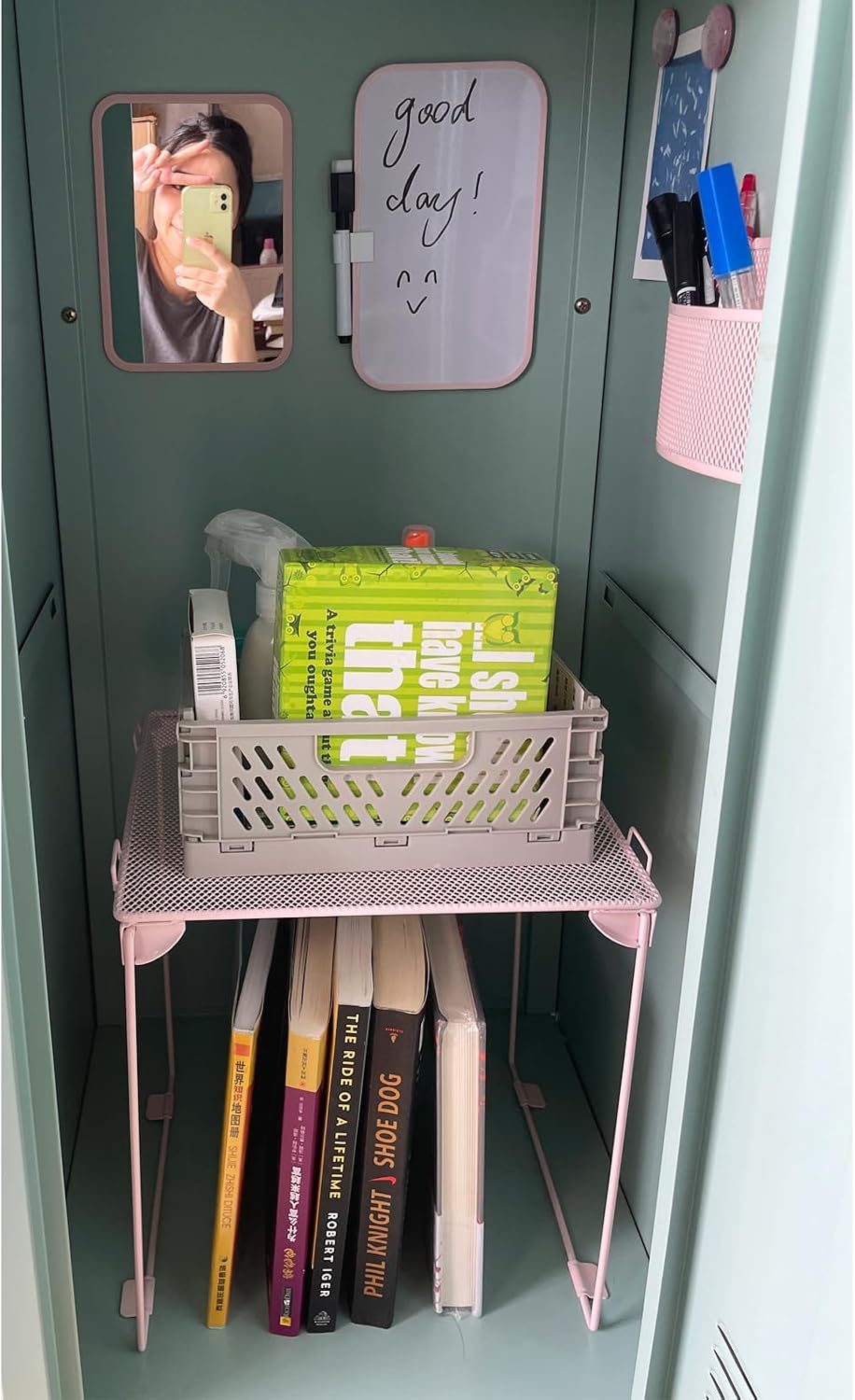 Pink Locker Accessories with Locker Shelf, Magnetic Mirror, Magnetic Pen Holder, Magnetic Small Whiteboard, Back to