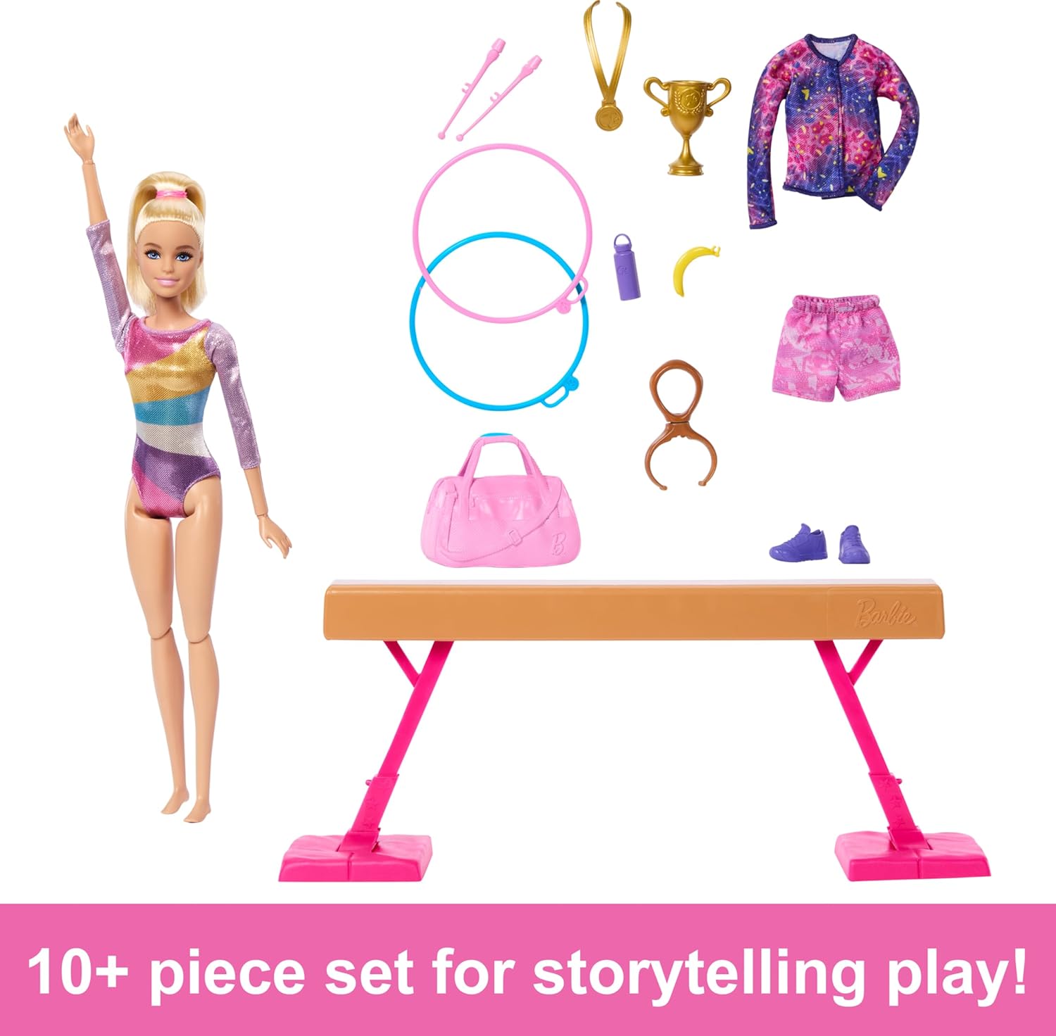 Barbie Gymnastics Doll & Accessories, Playset with Blonde Fashion Doll, C-Clip for Flipping Action, Balance Beam