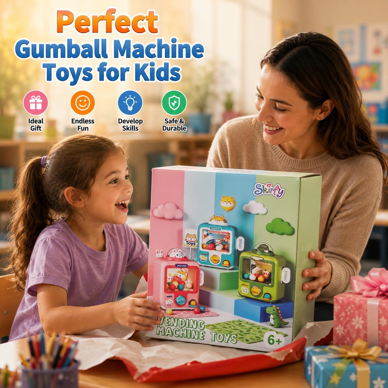 Gumball Machine for Kids with 10 Empty Eggs Capsule Vending Machine Erasers Operated Gumball Prize Machine Maker Game
